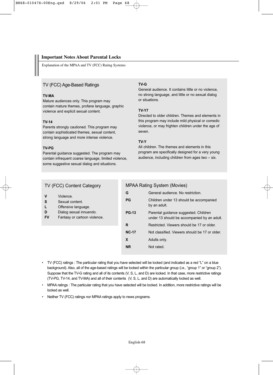 Important notes about parental locks | Samsung LNS5296DX-XAA User Manual | Page 70 / 380