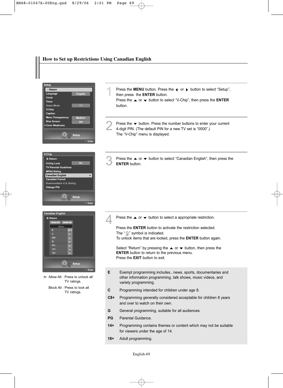 How to set up restrictions using canadian english | Samsung LNS5296DX-XAA User Manual | Page 71 / 380