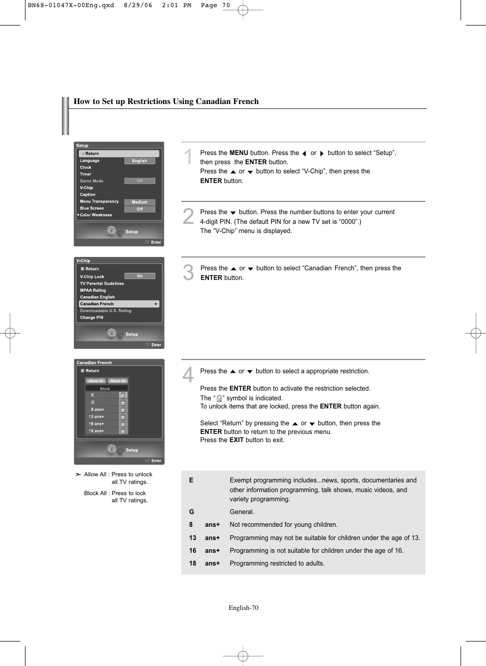 How to set up restrictions using canadian french | Samsung LNS5296DX-XAA User Manual | Page 72 / 380