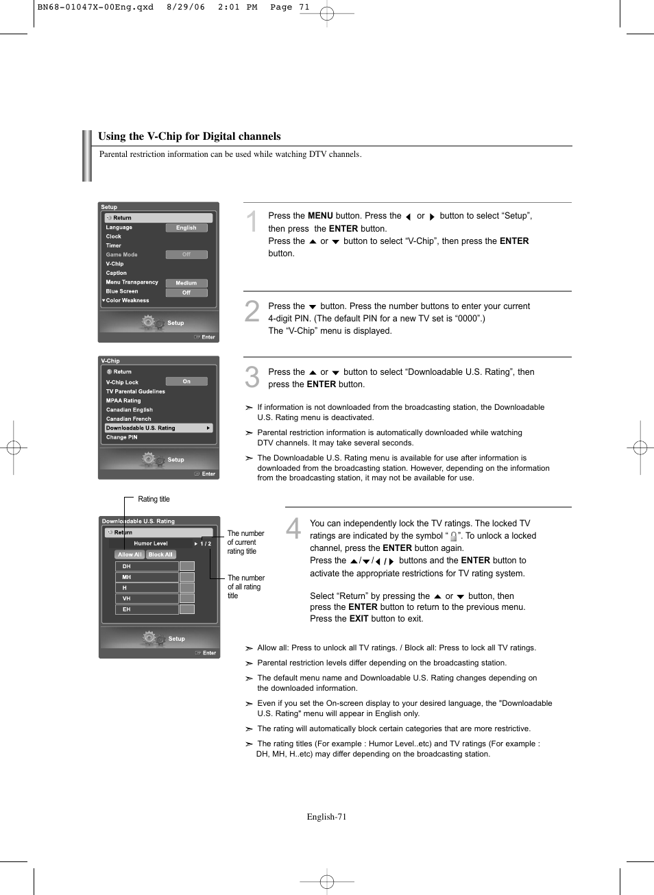 Using the v-chip for digital channels | Samsung LNS5296DX-XAA User Manual | Page 73 / 380