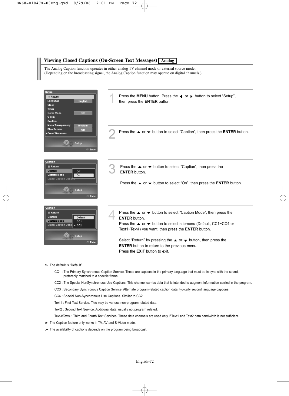Viewing closed captions (on-screen text messages) | Samsung LNS5296DX-XAA User Manual | Page 74 / 380
