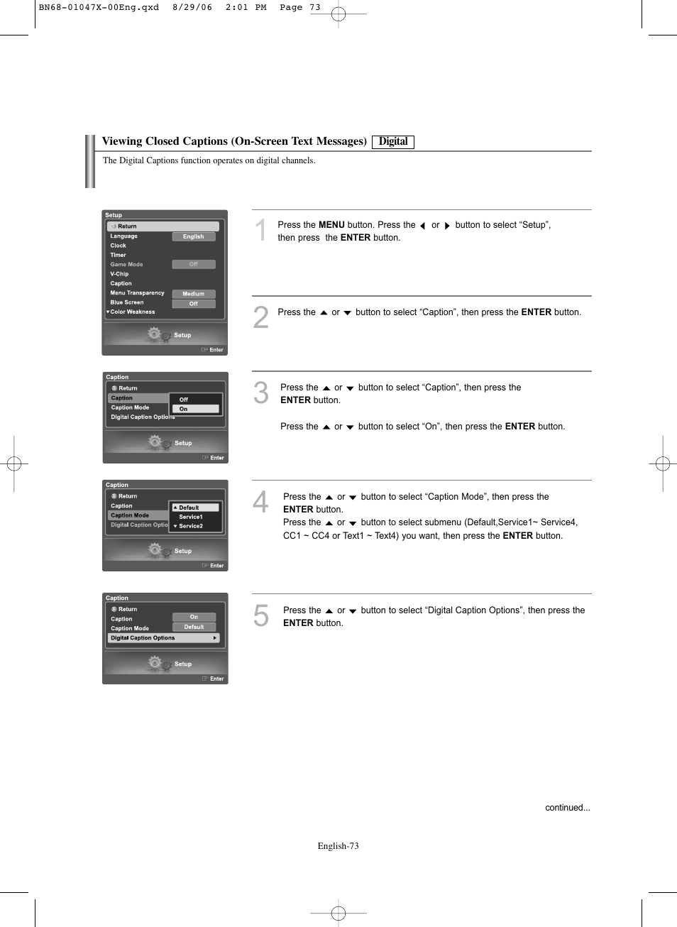 Viewing closed captions (on-screen text messages) | Samsung LNS5296DX-XAA User Manual | Page 75 / 380