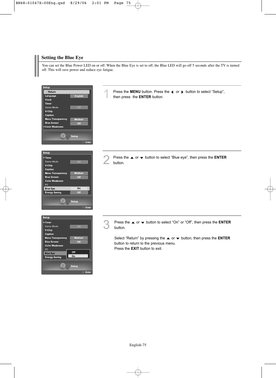 Setting the blue eye | Samsung LNS5296DX-XAA User Manual | Page 77 / 380