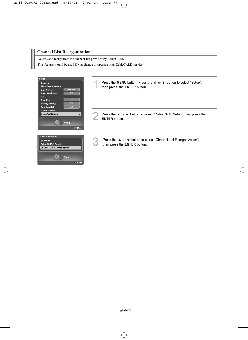 Channel list reorganization | Samsung LNS5296DX-XAA User Manual | Page 79 / 380