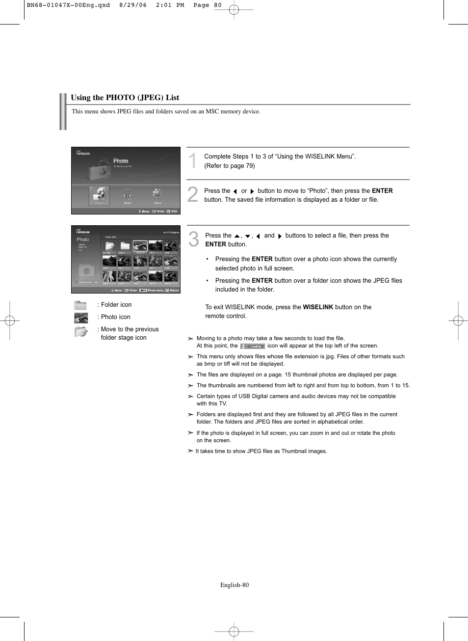 Using the photo (jpeg) list | Samsung LNS5296DX-XAA User Manual | Page 82 / 380