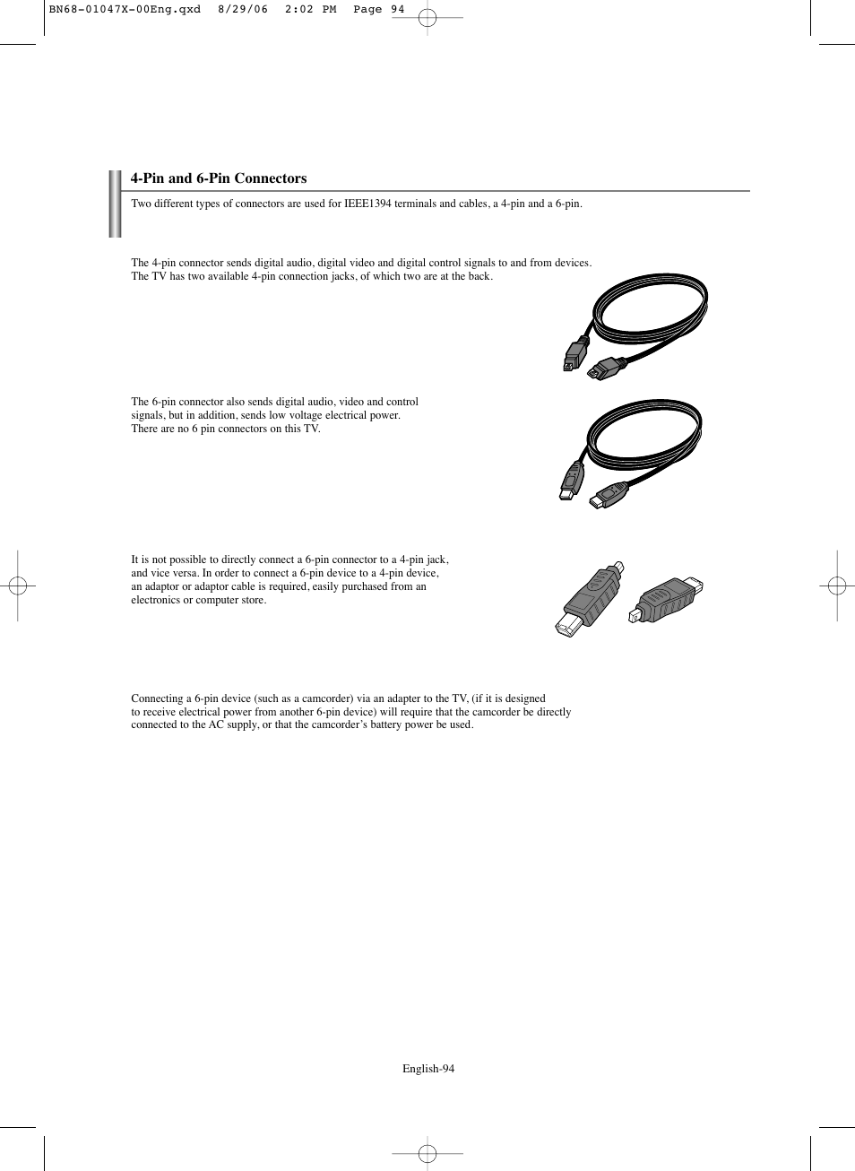 Pin and 6-pin connectors | Samsung LNS5296DX-XAA User Manual | Page 96 / 380