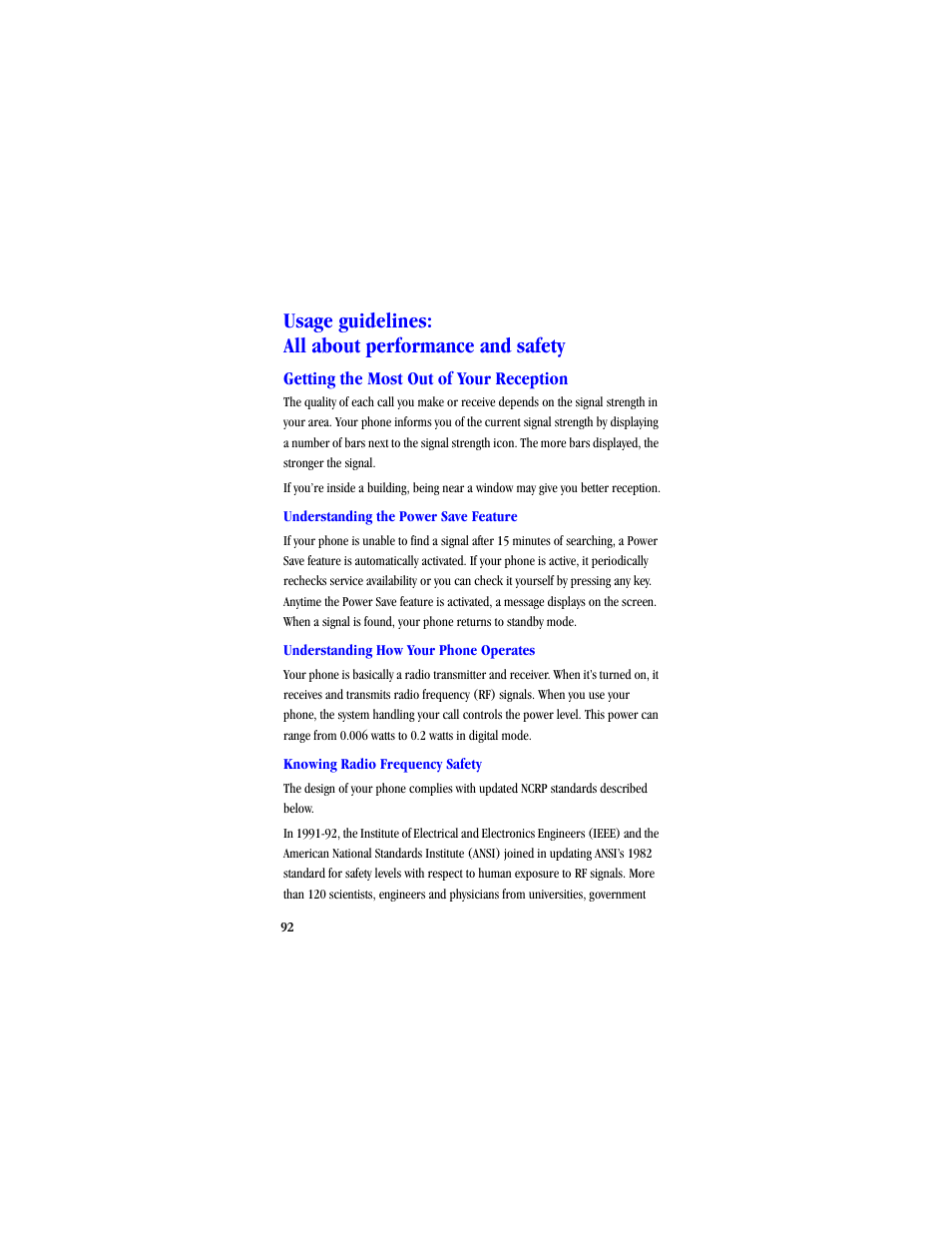 Usage guidelines: all about performance and safety, Getting the most out of your reception | Samsung SCH-A530ZSVXAR User Manual | Page 104 / 134