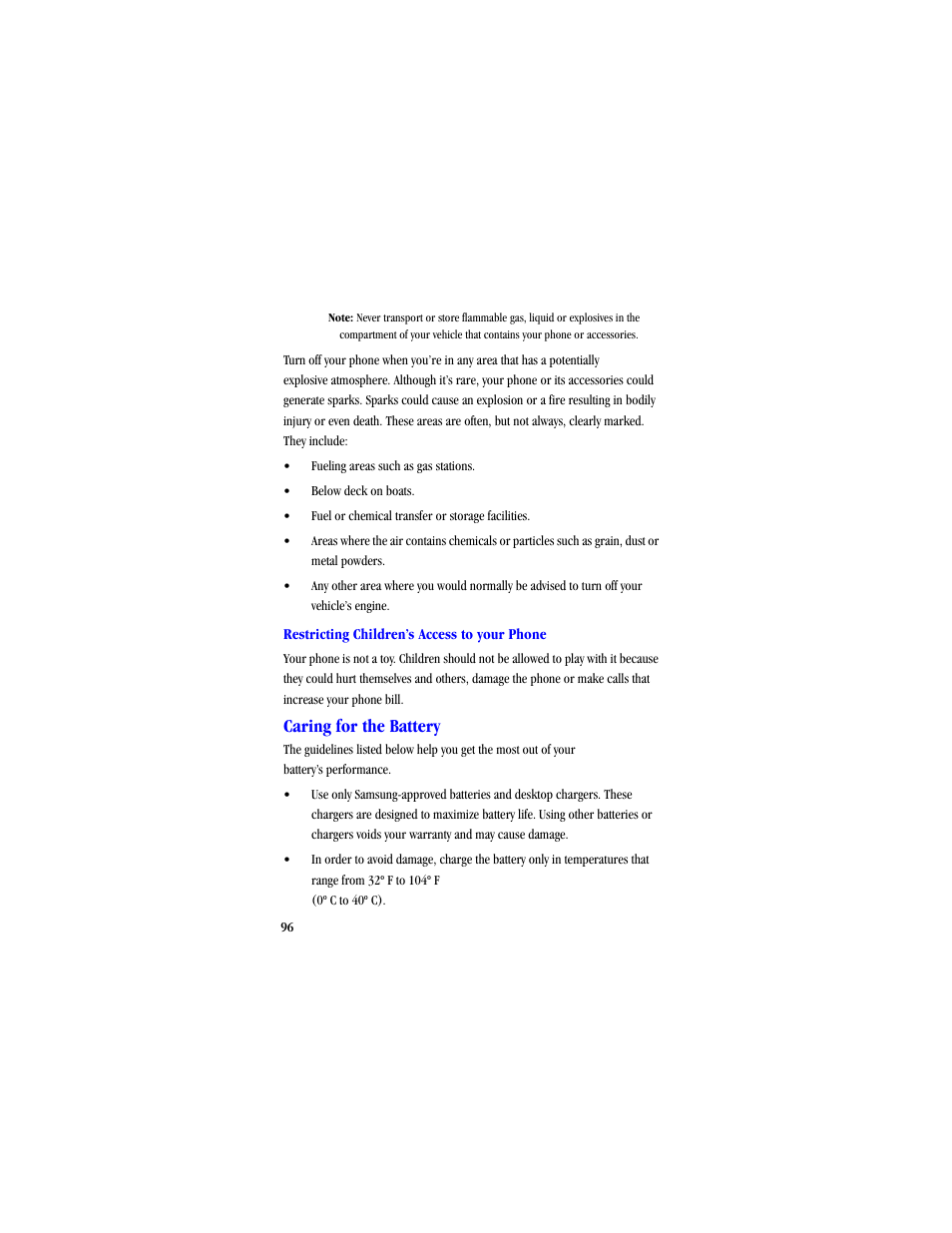 Caring for the battery | Samsung SCH-A530ZSVXAR User Manual | Page 108 / 134