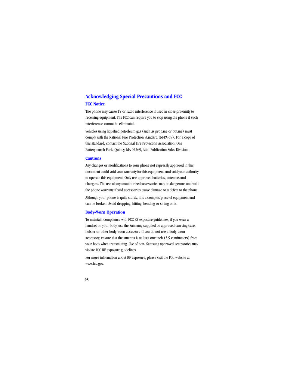 Acknowledging special precautions and fcc | Samsung SCH-A530ZSVXAR User Manual | Page 110 / 134