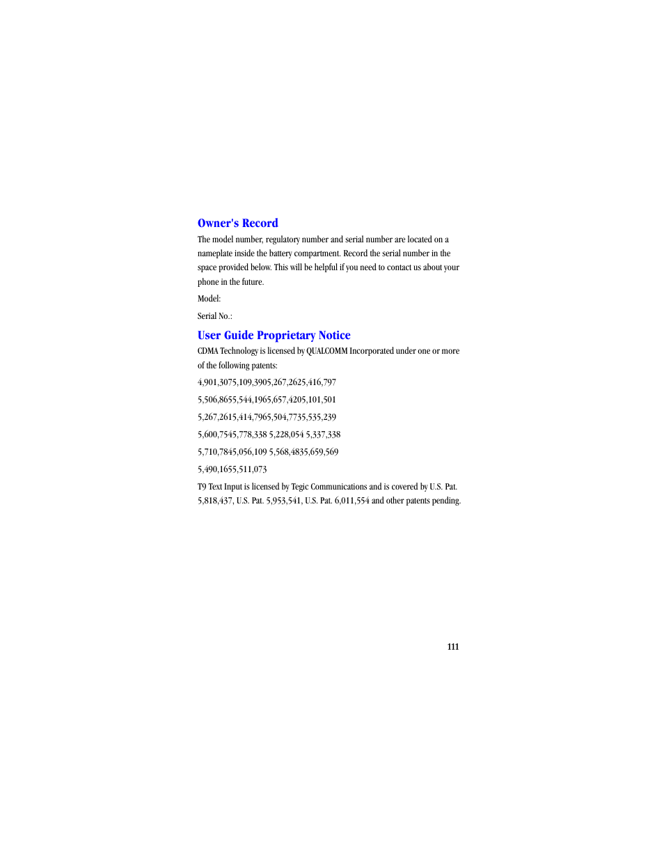 Owner's record, User guide proprietary notice | Samsung SCH-A530ZSVXAR User Manual | Page 123 / 134