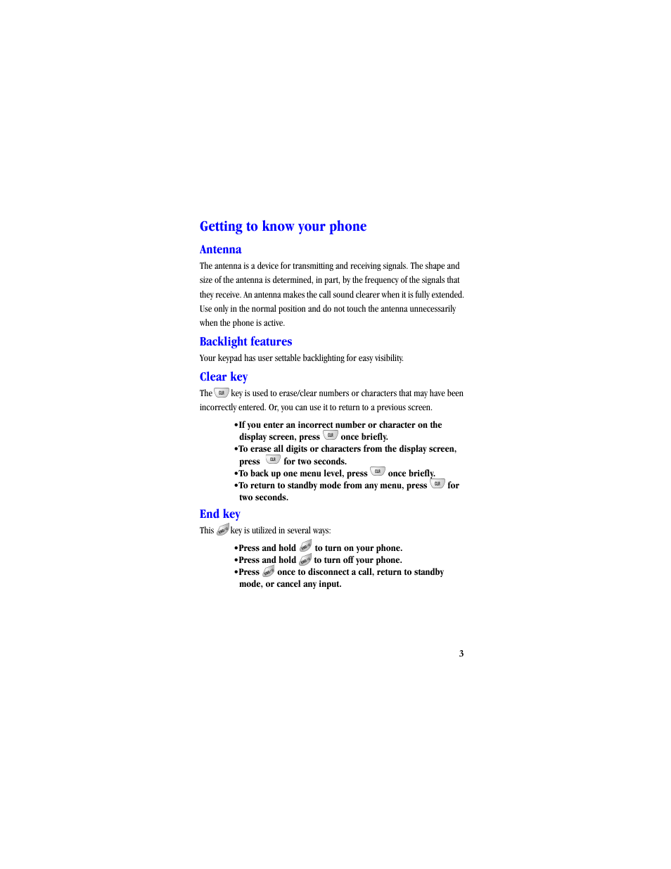 Getting to know your phone, Antenna, Backlight features | Clear key, End key | Samsung SCH-A530ZSVXAR User Manual | Page 15 / 134