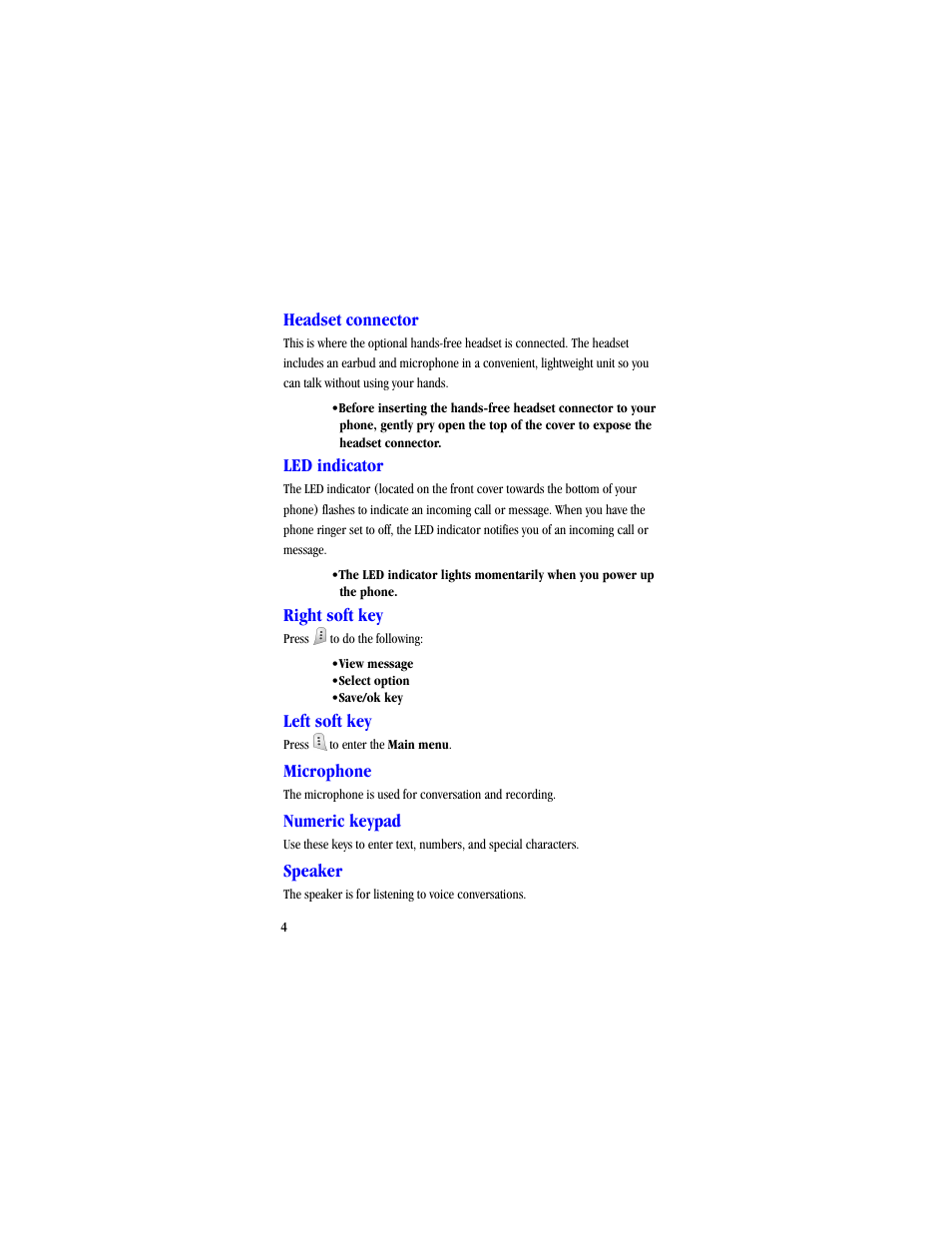Headset connector, Led indicator, Right soft key | Left soft key, Microphone, Numeric keypad, Speaker | Samsung SCH-A530ZSVXAR User Manual | Page 16 / 134