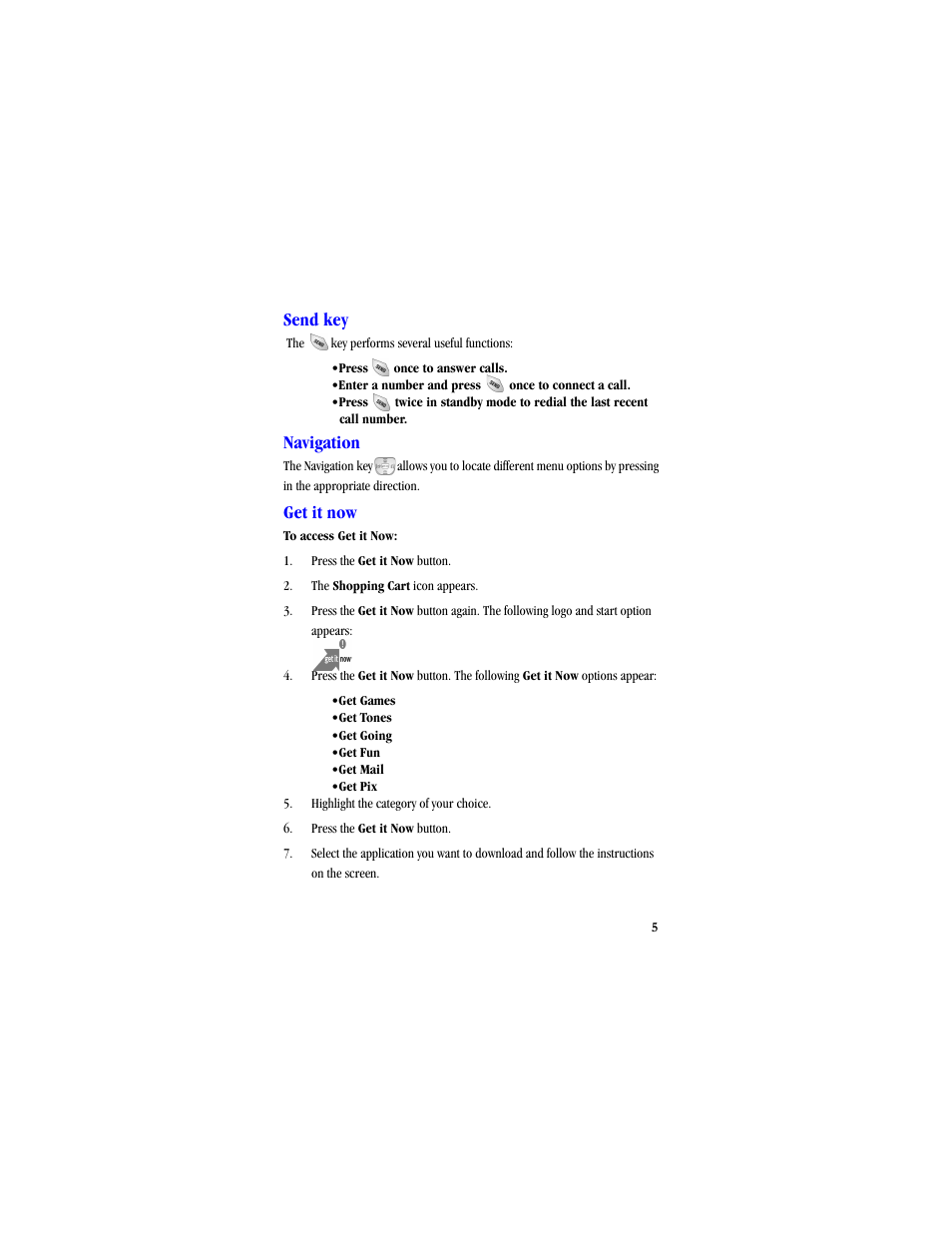 Send key, Navigation, Get it now | Samsung SCH-A530ZSVXAR User Manual | Page 17 / 134
