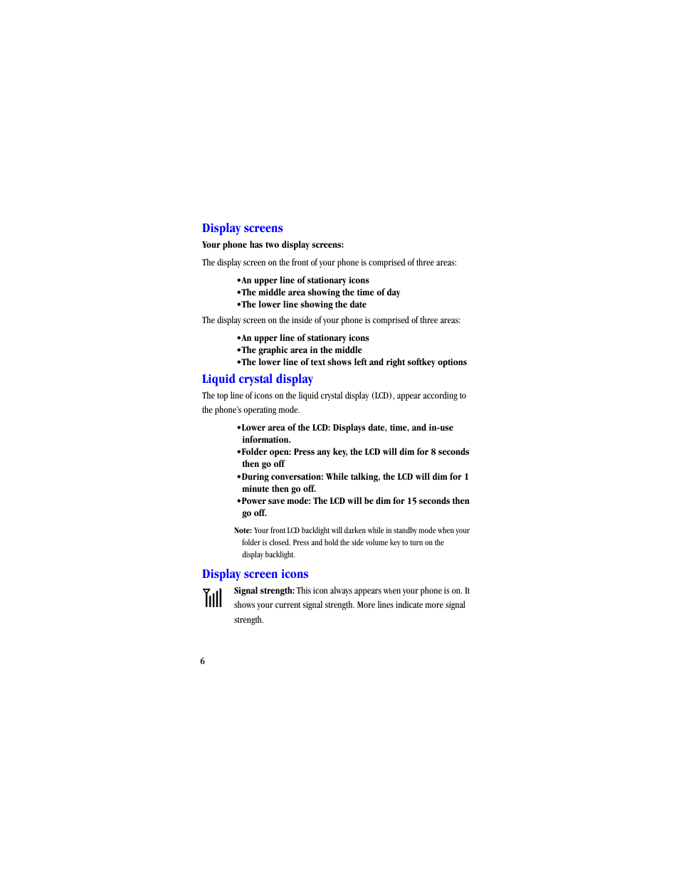 Display screens, Liquid crystal display, Display screen icons | Samsung SCH-A530ZSVXAR User Manual | Page 18 / 134