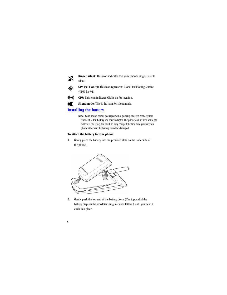 Installing the battery | Samsung SCH-A530ZSVXAR User Manual | Page 20 / 134