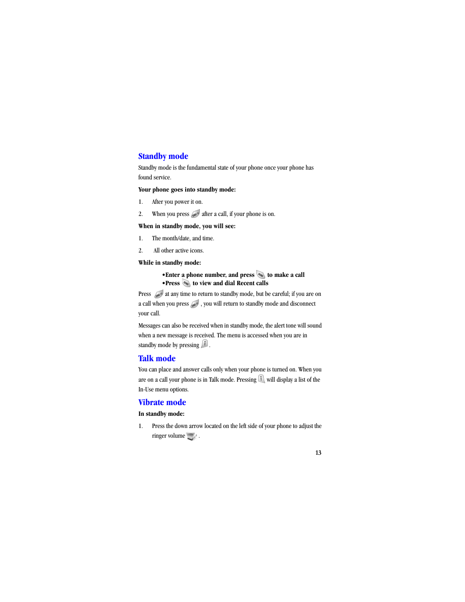 Standby mode, Talk mode, Vibrate mode | Samsung SCH-A530ZSVXAR User Manual | Page 25 / 134