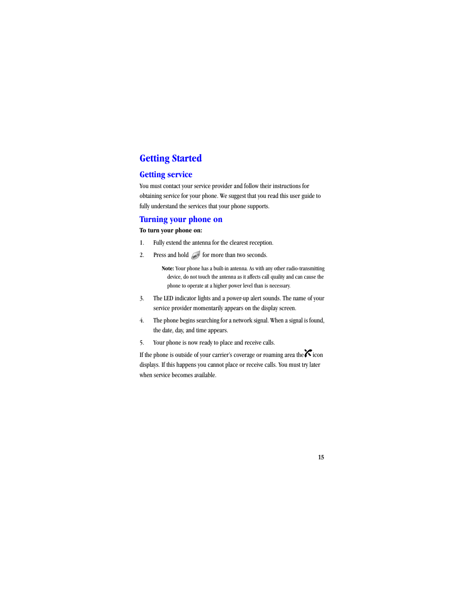Getting started, Getting service, Turning your phone on | Samsung SCH-A530ZSVXAR User Manual | Page 27 / 134