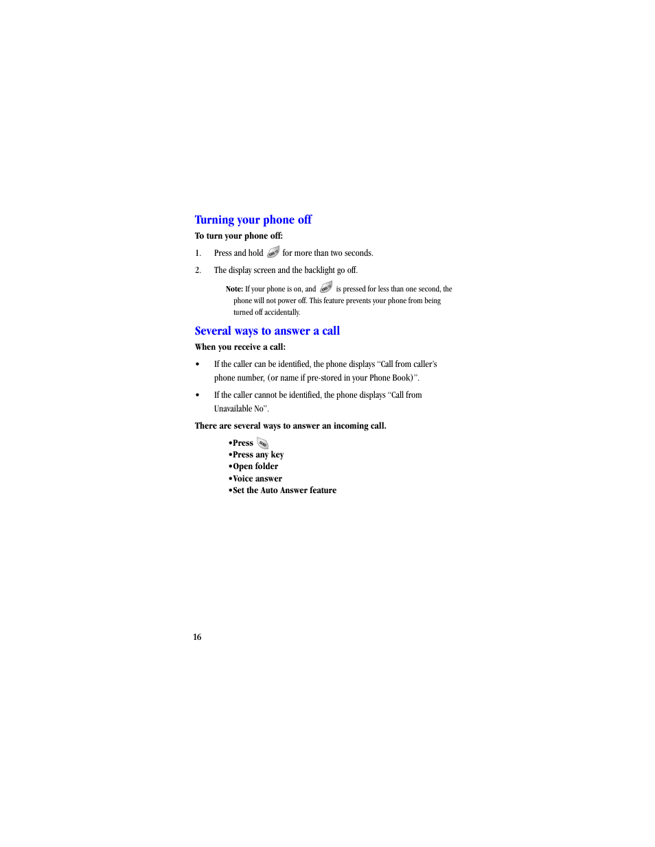 Turning your phone off, Several ways to answer a call | Samsung SCH-A530ZSVXAR User Manual | Page 28 / 134