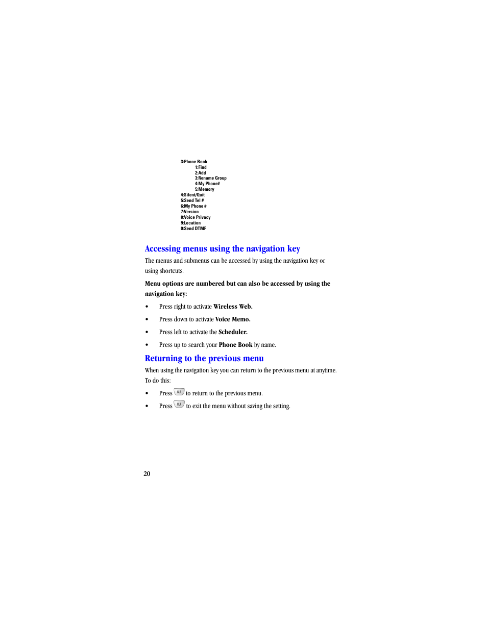 Accessing menus using the navigation key, Returning to the previous menu | Samsung SCH-A530ZSVXAR User Manual | Page 32 / 134