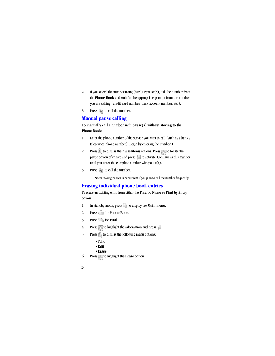 Manual pause calling, Erasing individual phone book entries | Samsung SCH-A530ZSVXAR User Manual | Page 46 / 134