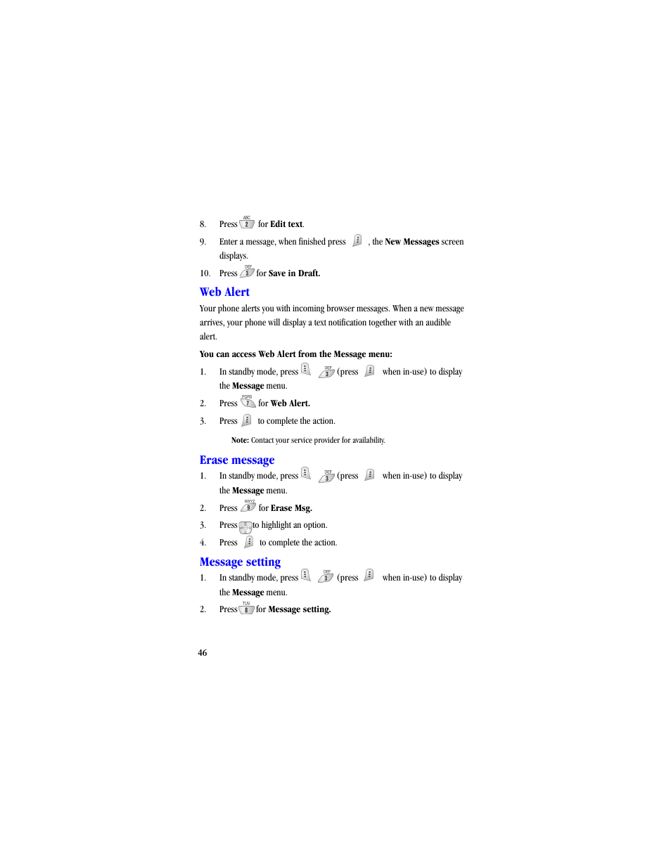 Web alert, Erase message, Message setting | Samsung SCH-A530ZSVXAR User Manual | Page 58 / 134