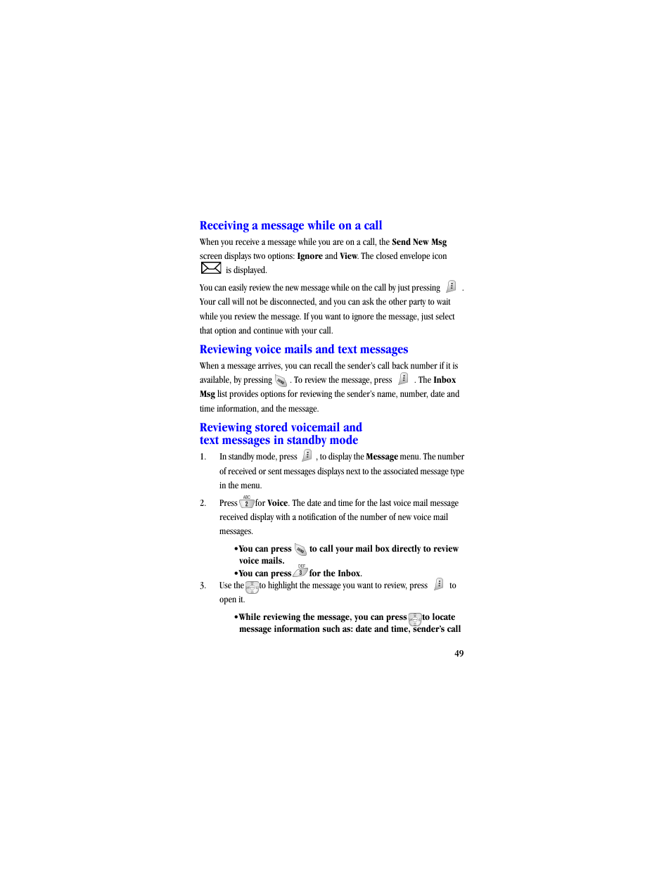 Receiving a message while on a call, Reviewing voice mails and text messages | Samsung SCH-A530ZSVXAR User Manual | Page 61 / 134