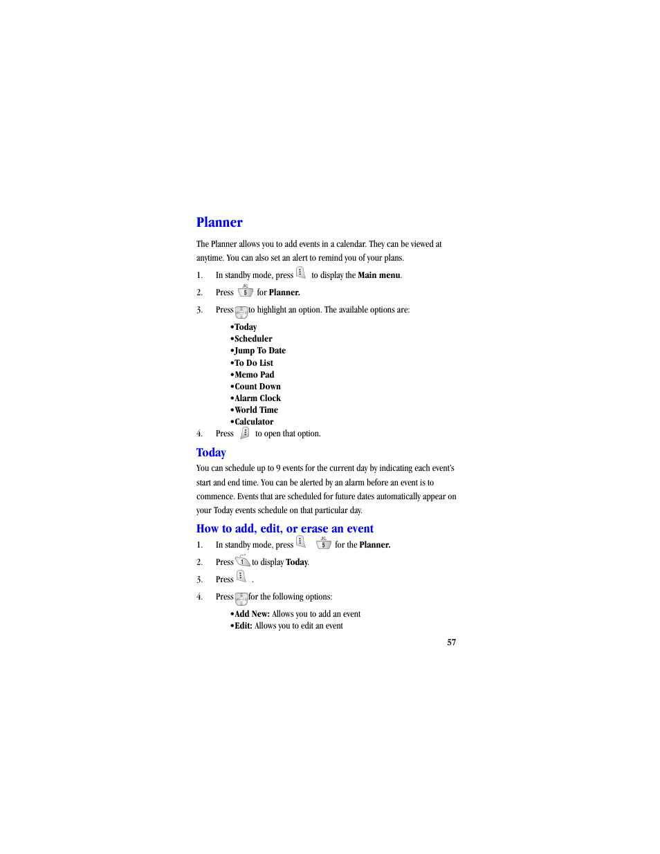Planner, Today, How to add, edit, or erase an event | Samsung SCH-A530ZSVXAR User Manual | Page 69 / 134