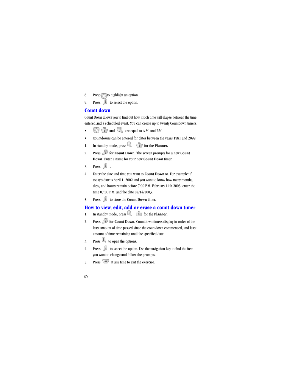 Count down, How to view, edit, add or erase a count down timer | Samsung SCH-A530ZSVXAR User Manual | Page 72 / 134