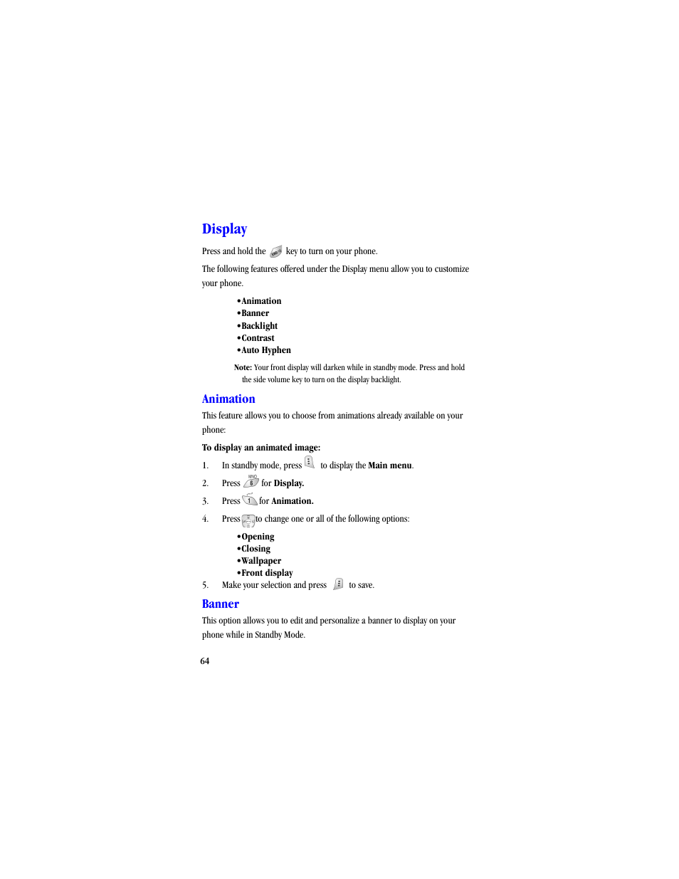 Display, Animation, Banner | Samsung SCH-A530ZSVXAR User Manual | Page 76 / 134