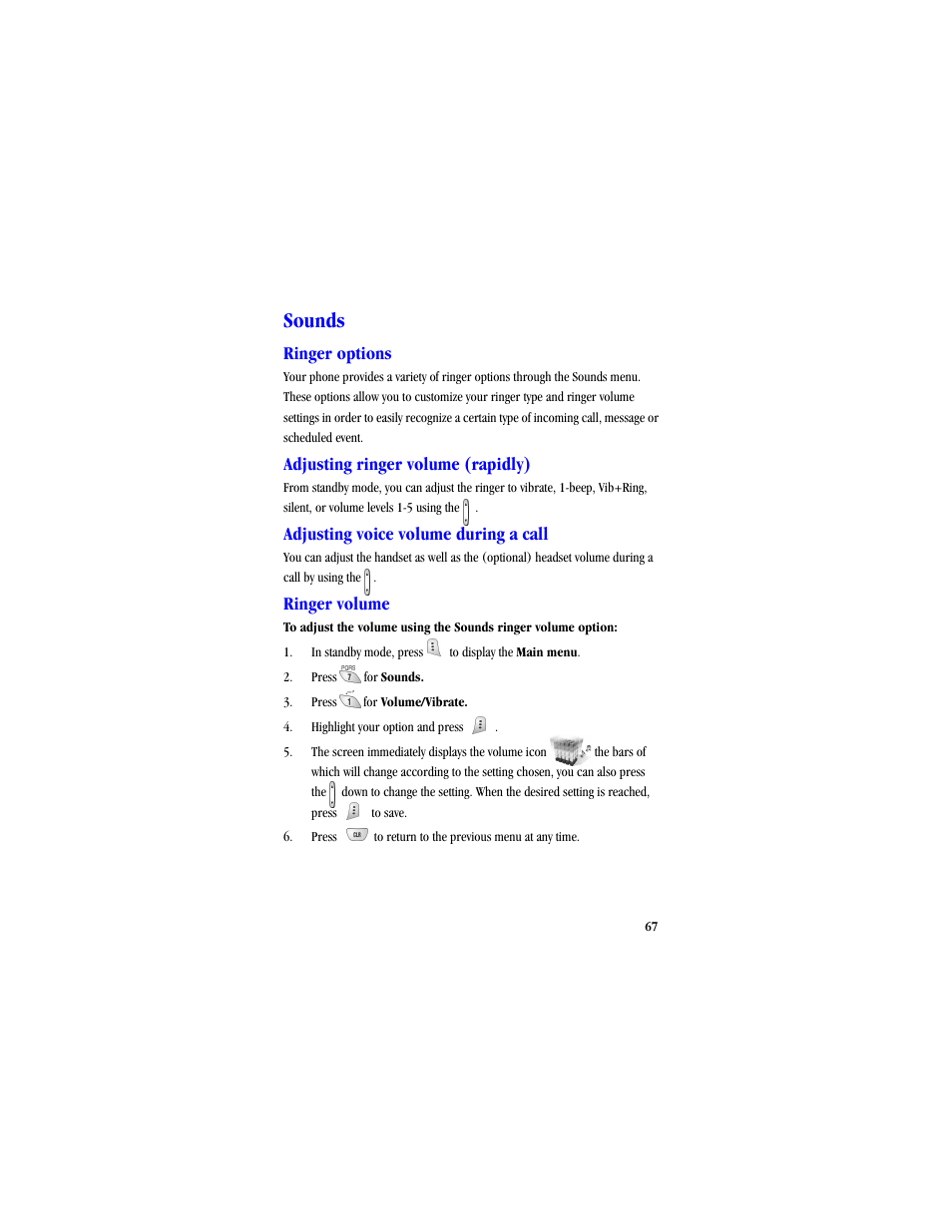 Sounds, Ringer options, Adjusting ringer volume (rapidly) | Adjusting voice volume during a call, Ringer volume | Samsung SCH-A530ZSVXAR User Manual | Page 79 / 134