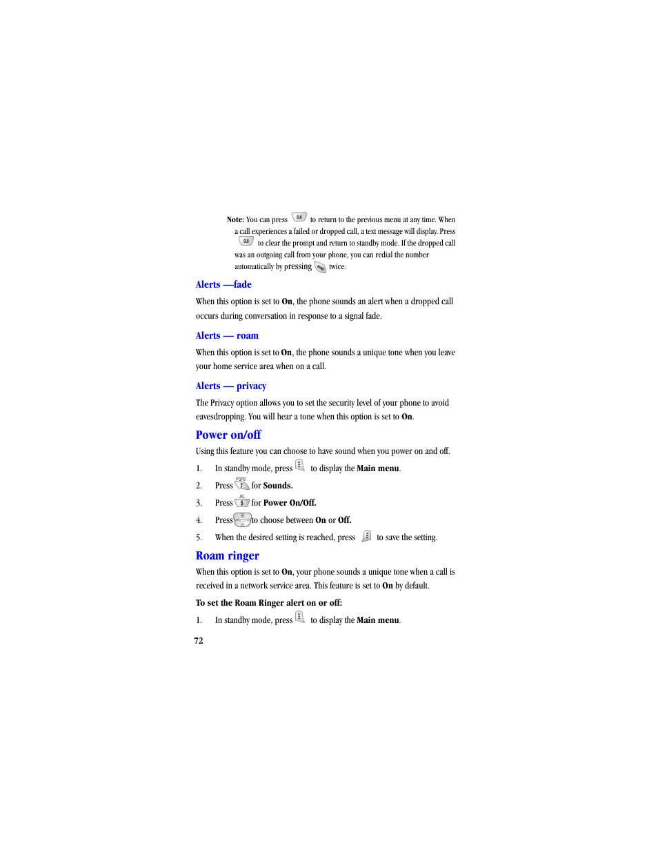 Power on/off, Roam ringer | Samsung SCH-A530ZSVXAR User Manual | Page 84 / 134