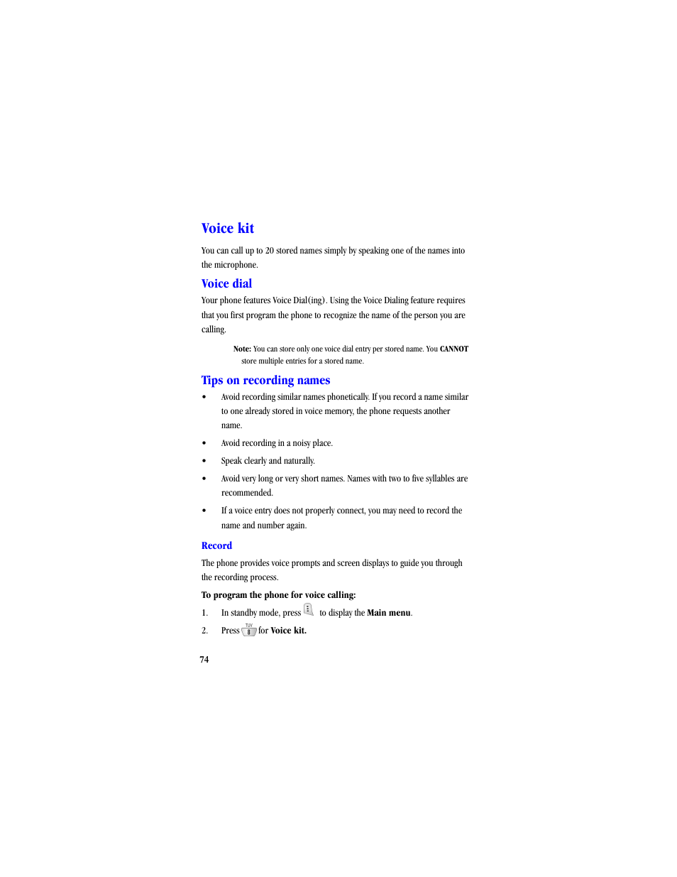 Voice kit, Voice dial, Tips on recording names | Samsung SCH-A530ZSVXAR User Manual | Page 86 / 134