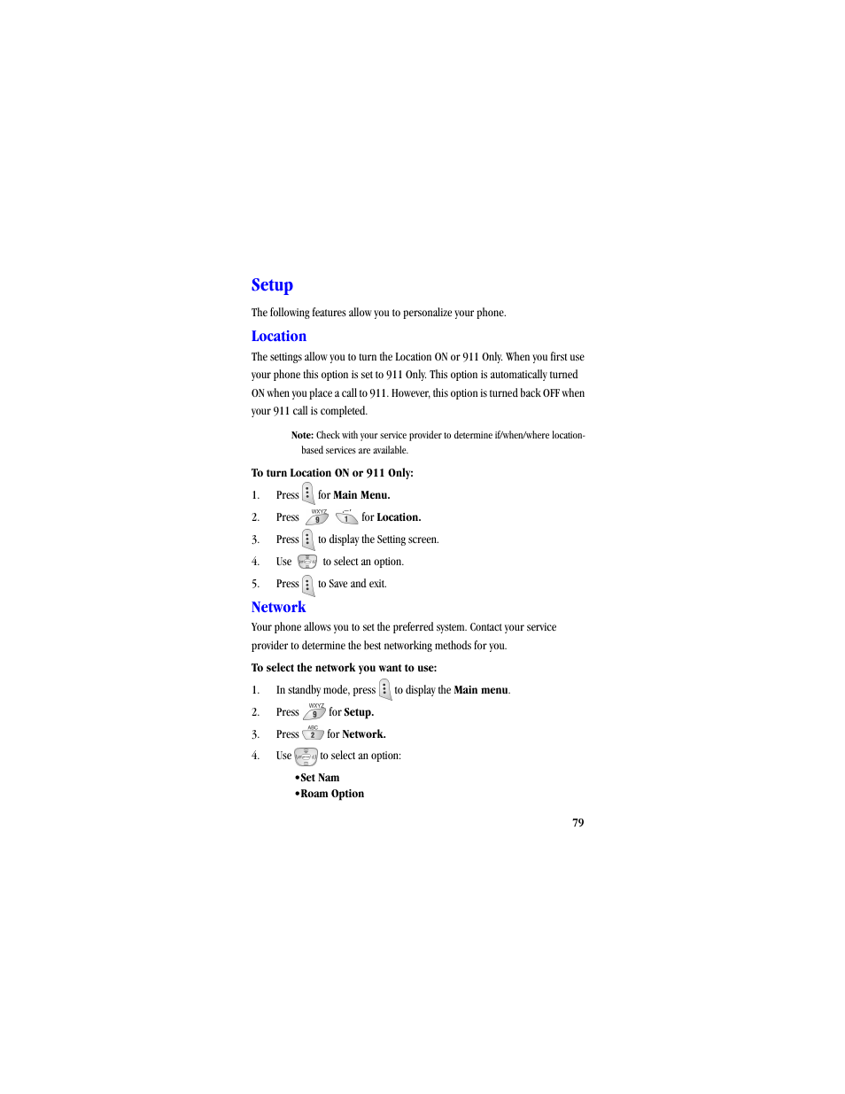 Setup, Location, Network | Samsung SCH-A530ZSVXAR User Manual | Page 91 / 134