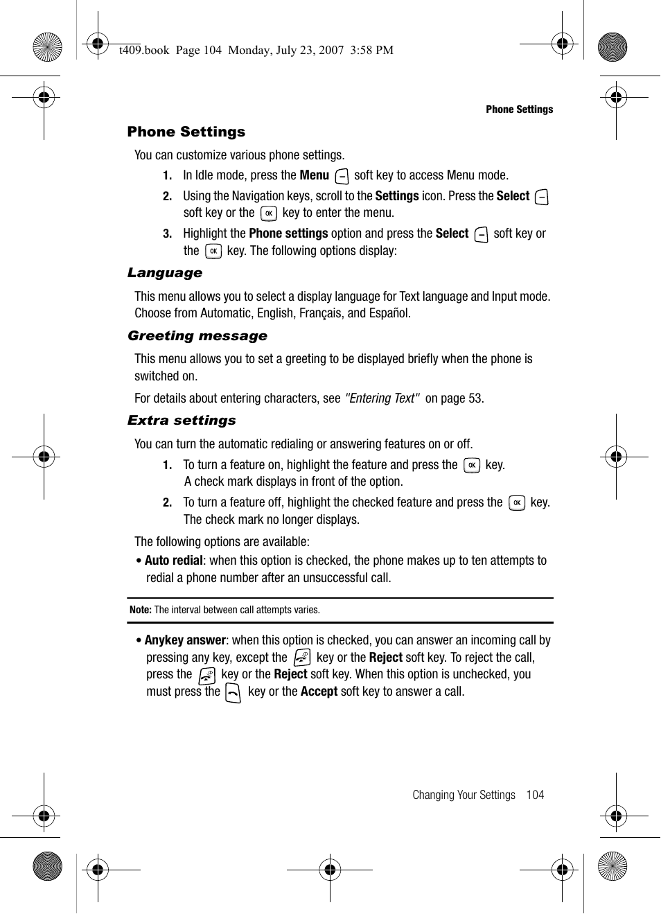 Phone settings | Samsung SGH-T409MBATMB User Manual | Page 107 / 162