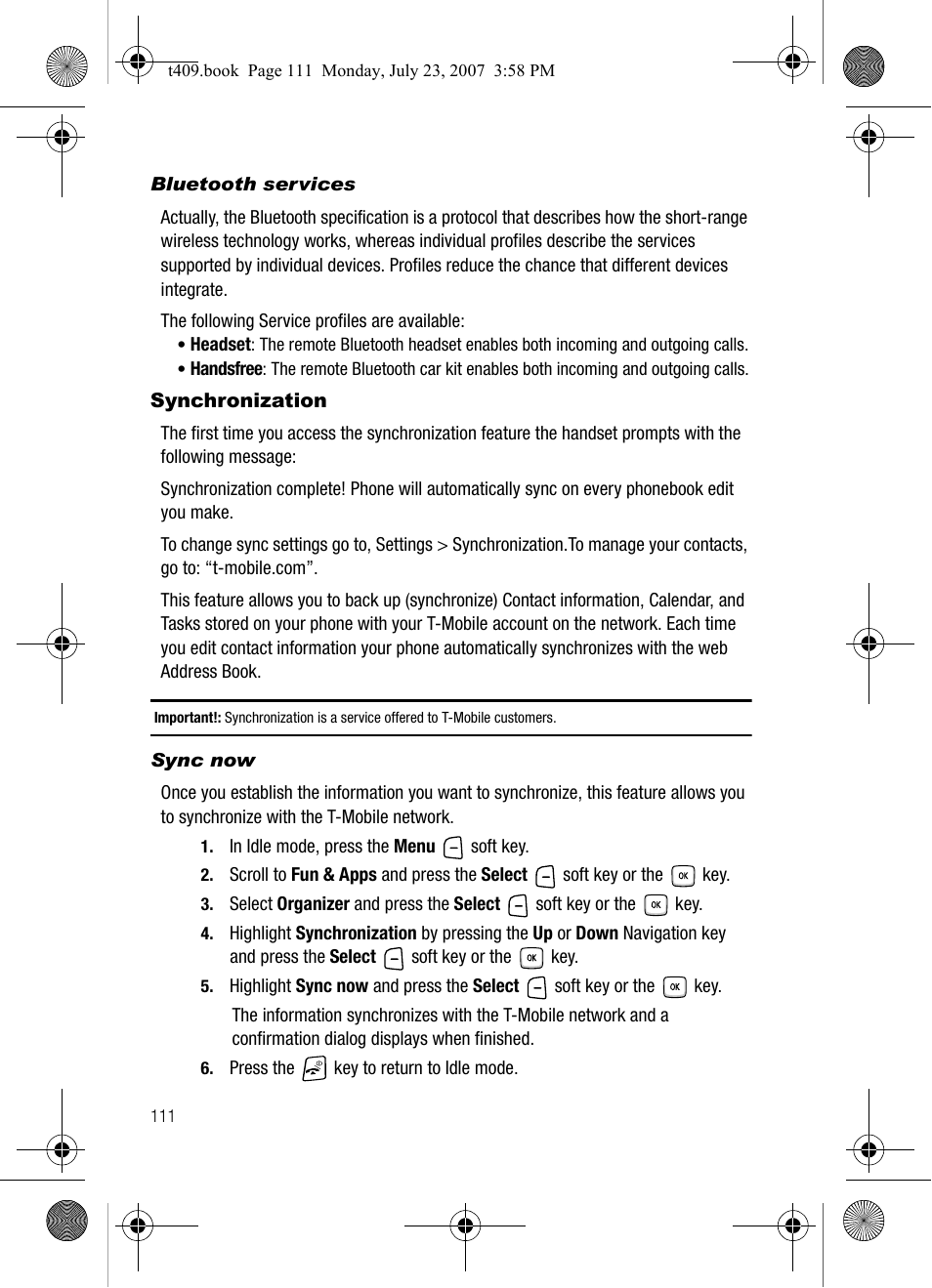 Synchronization | Samsung SGH-T409MBATMB User Manual | Page 114 / 162