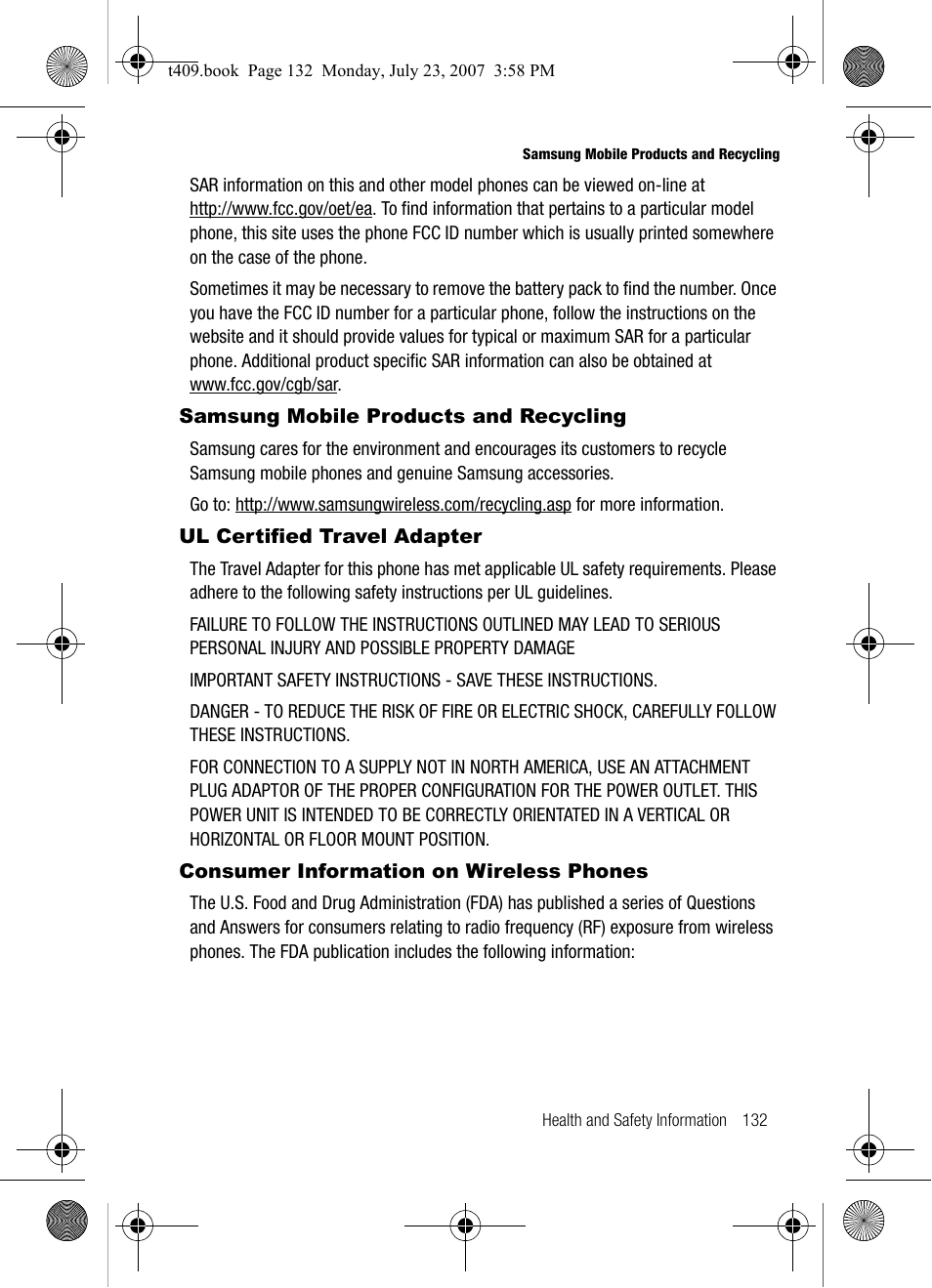 Samsung mobile products and recycling, Ul certified travel adapter, Consumer information on wireless phones | Samsung SGH-T409MBATMB User Manual | Page 135 / 162