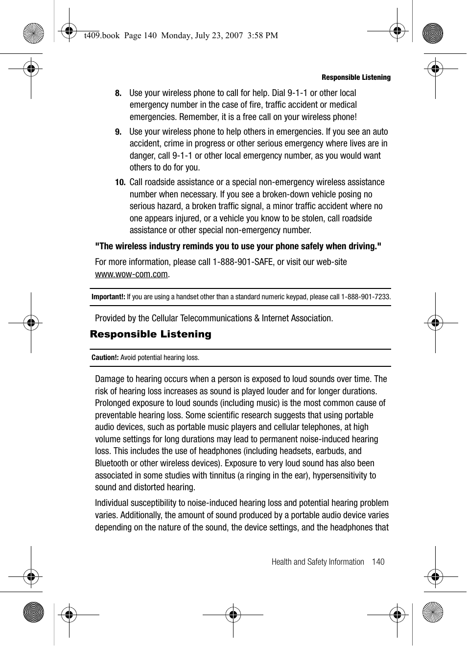 Responsible listening | Samsung SGH-T409MBATMB User Manual | Page 143 / 162