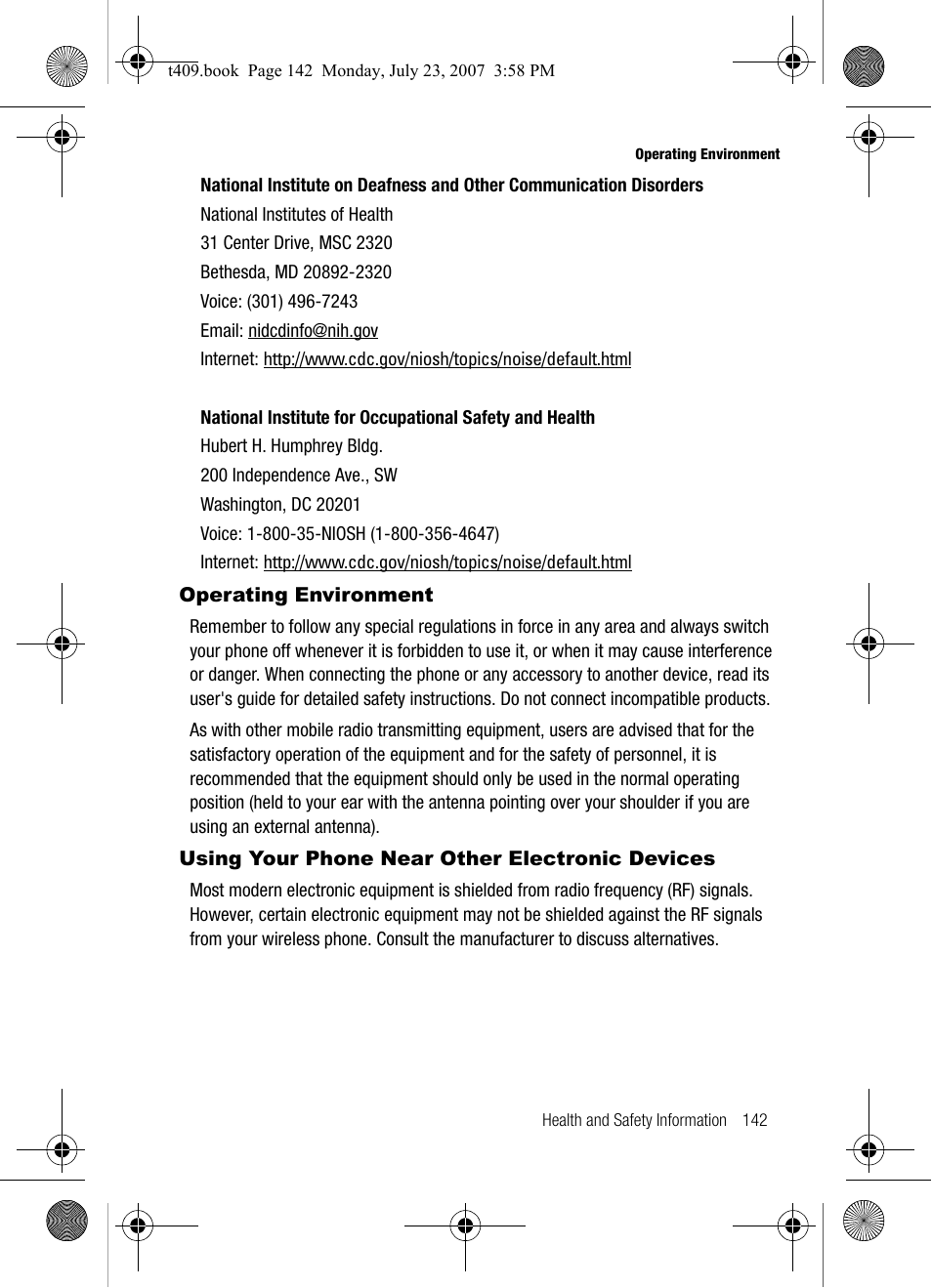 Operating environment, Using your phone near other electronic devices | Samsung SGH-T409MBATMB User Manual | Page 145 / 162