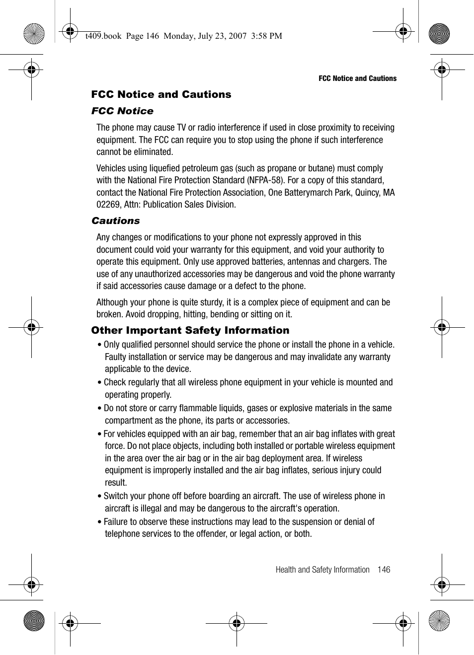 Fcc notice and cautions, Other important safety information | Samsung SGH-T409MBATMB User Manual | Page 149 / 162