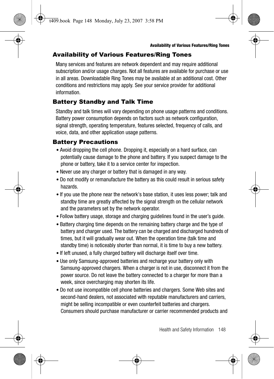 Availability of various features/ring tones, Battery standby and talk time, Battery precautions | Samsung SGH-T409MBATMB User Manual | Page 151 / 162