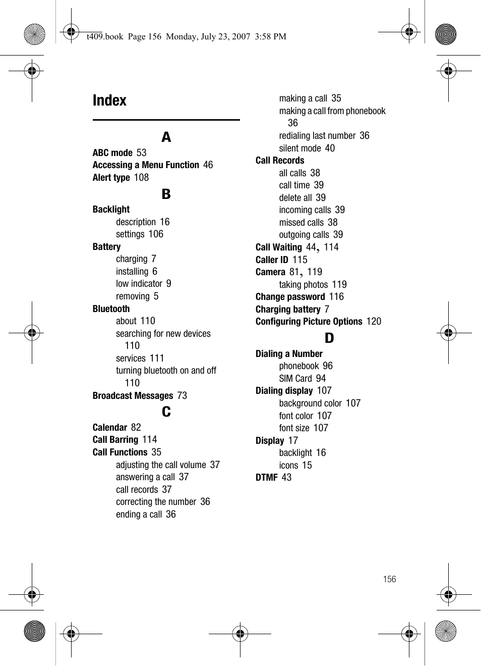 Index | Samsung SGH-T409MBATMB User Manual | Page 159 / 162