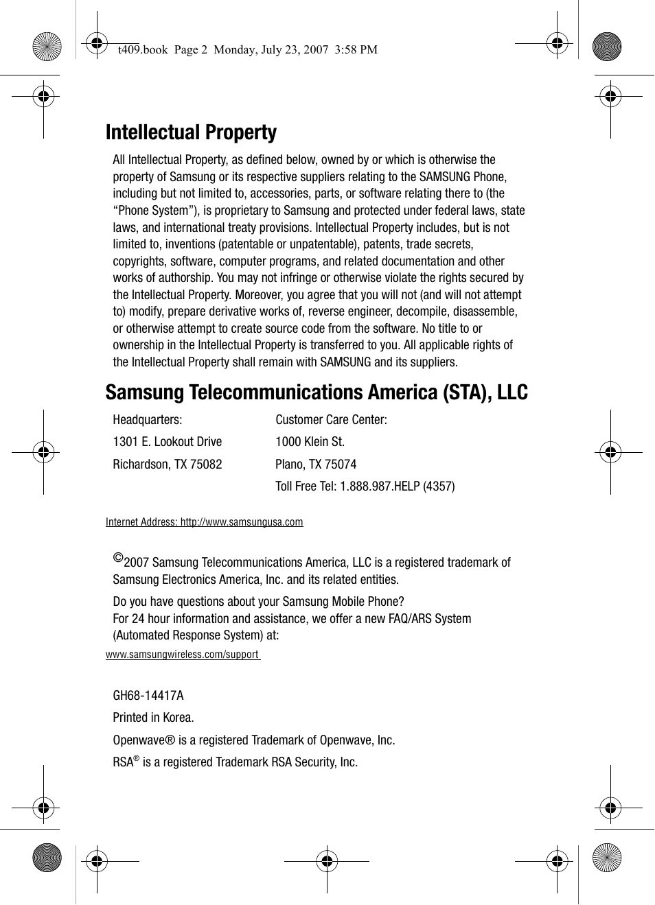 Intellectual property, Samsung telecommunications america (sta), llc | Samsung SGH-T409MBATMB User Manual | Page 2 / 162