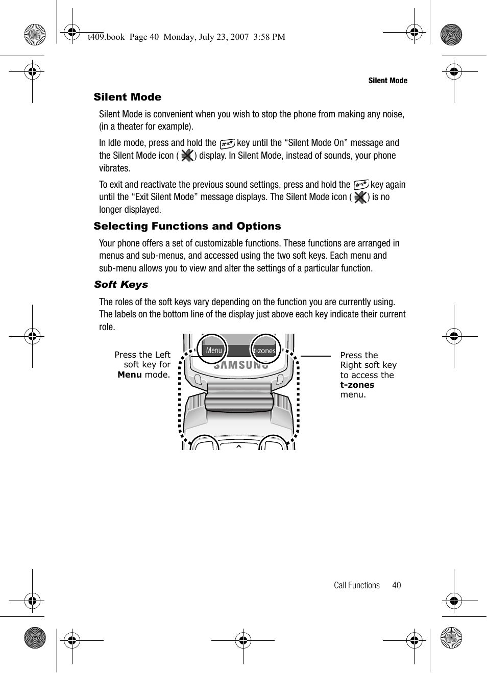 Silent mode, Selecting functions and options | Samsung SGH-T409MBATMB User Manual | Page 43 / 162