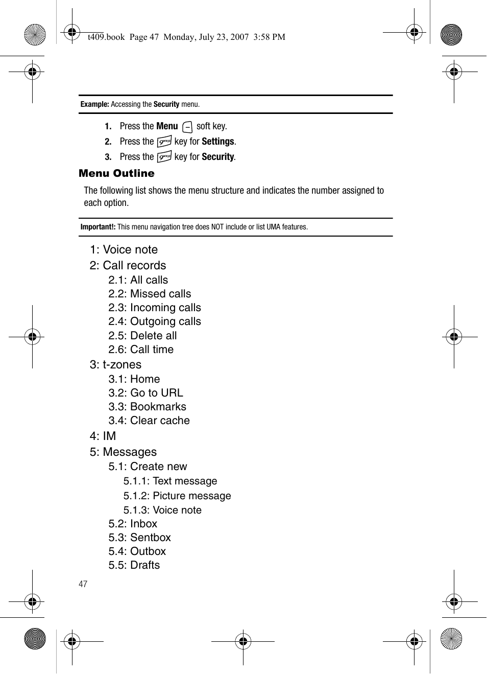 T-zones, Im 5: messages | Samsung SGH-T409MBATMB User Manual | Page 50 / 162