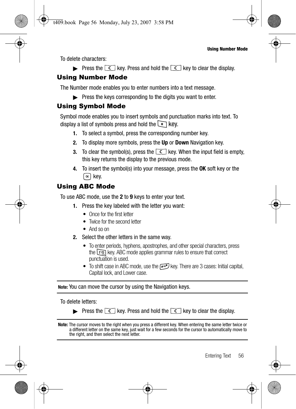 Using number mode, Using symbol mode | Samsung SGH-T409MBATMB User Manual | Page 59 / 162