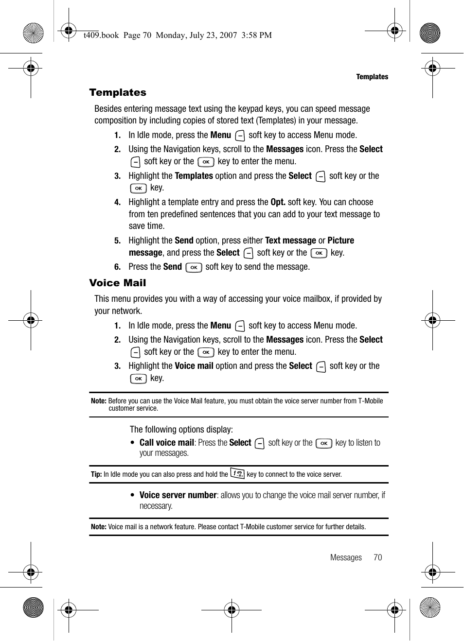 Templates, Voice mail | Samsung SGH-T409MBATMB User Manual | Page 73 / 162