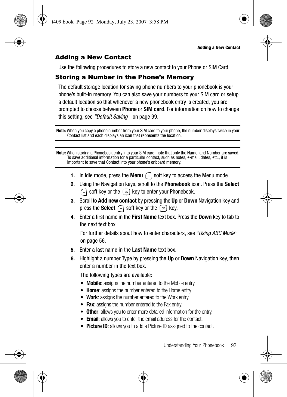 Adding a new contact, Storing a number in the phone’s memory | Samsung SGH-T409MBATMB User Manual | Page 95 / 162