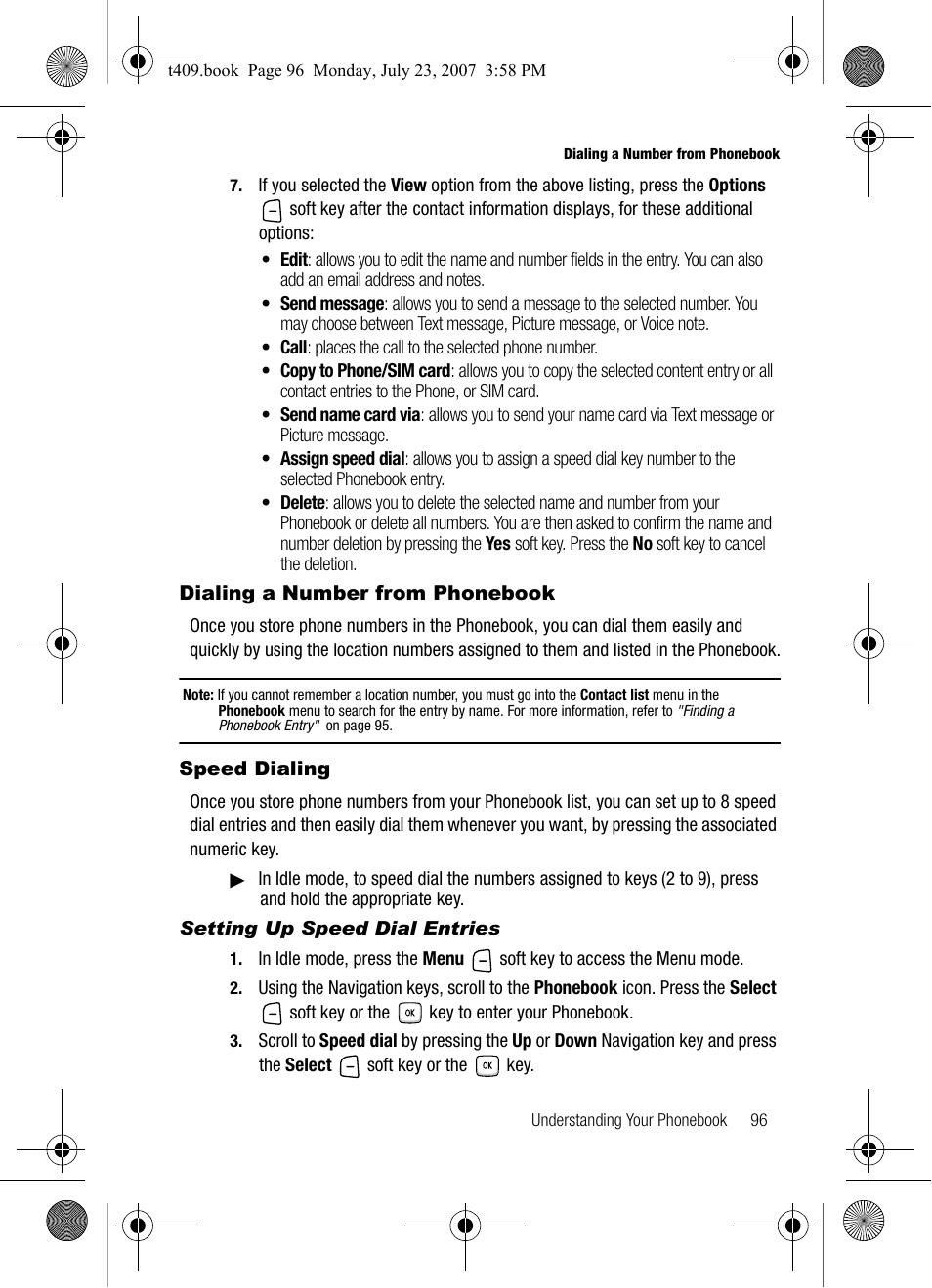 Dialing a number from phonebook, Speed dialing | Samsung SGH-T409MBATMB User Manual | Page 99 / 162