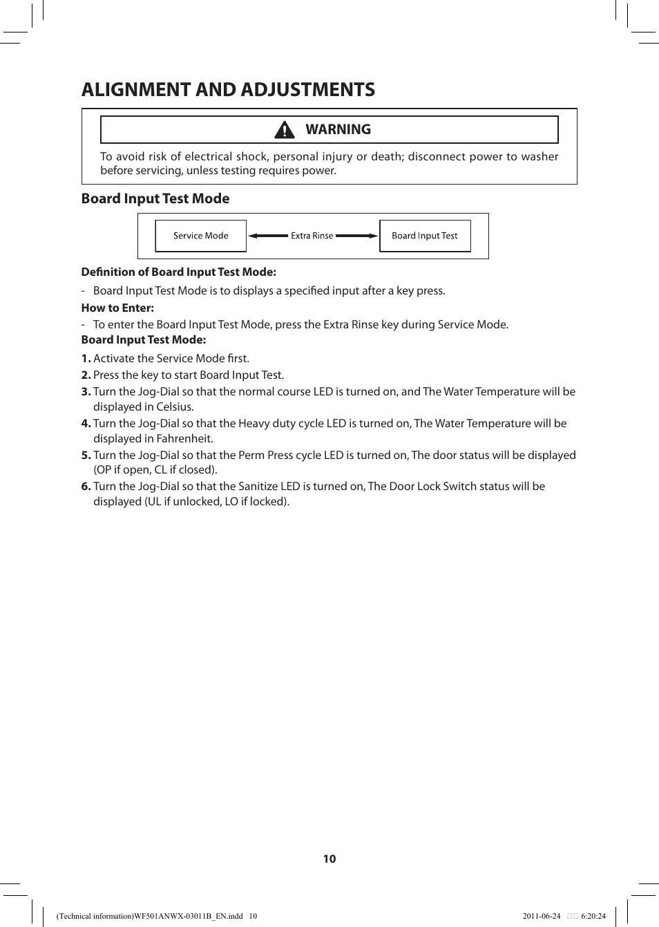 Alignment and adjustments, Board input test mode, Warning | Samsung WF501ANW-XAA User Manual | Page 10 / 20