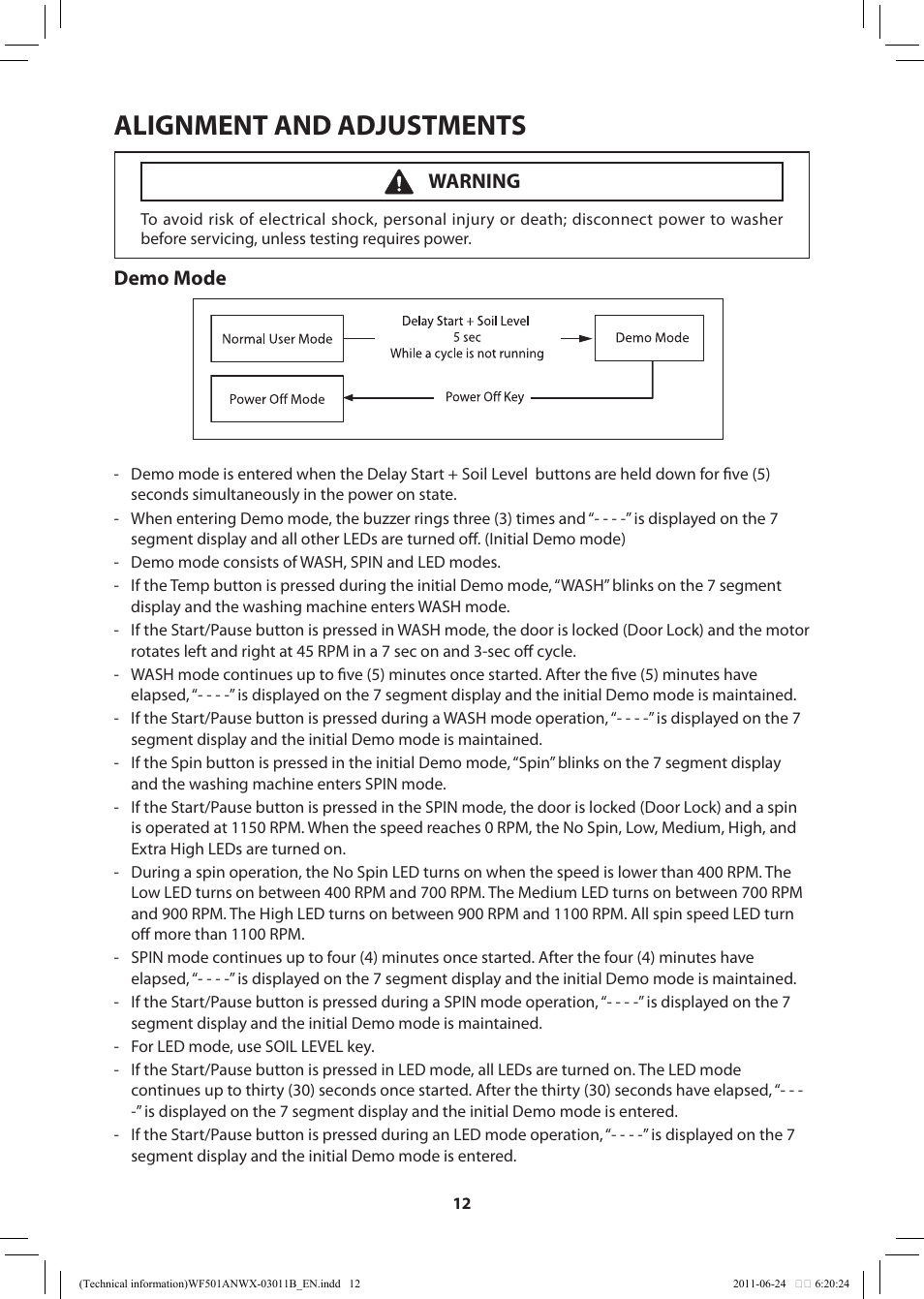 Alignment and adjustments, Demo mode, Warning | Samsung WF501ANW-XAA User Manual | Page 12 / 20
